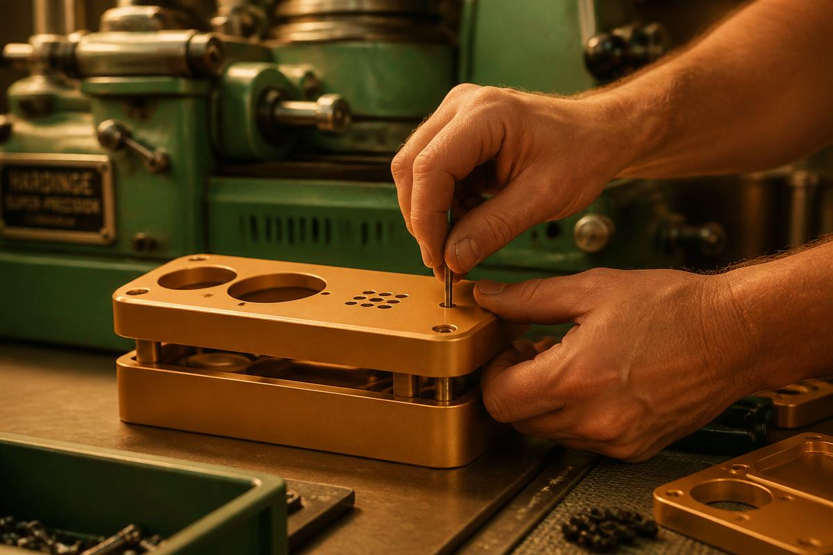 Machined aluminium assembly being checked at a factory bench
