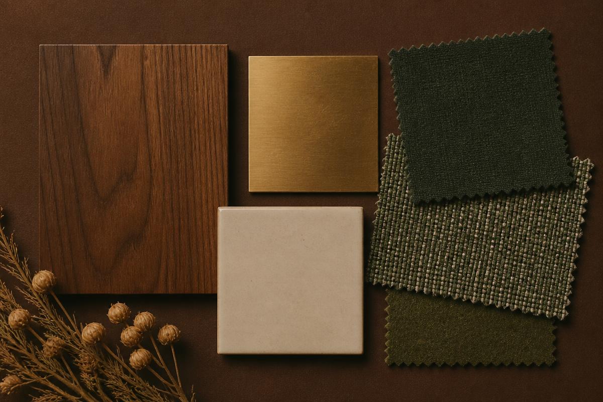 Walnut, brass, ceramic and green textile material samples arranged on a cocoa brown surface
