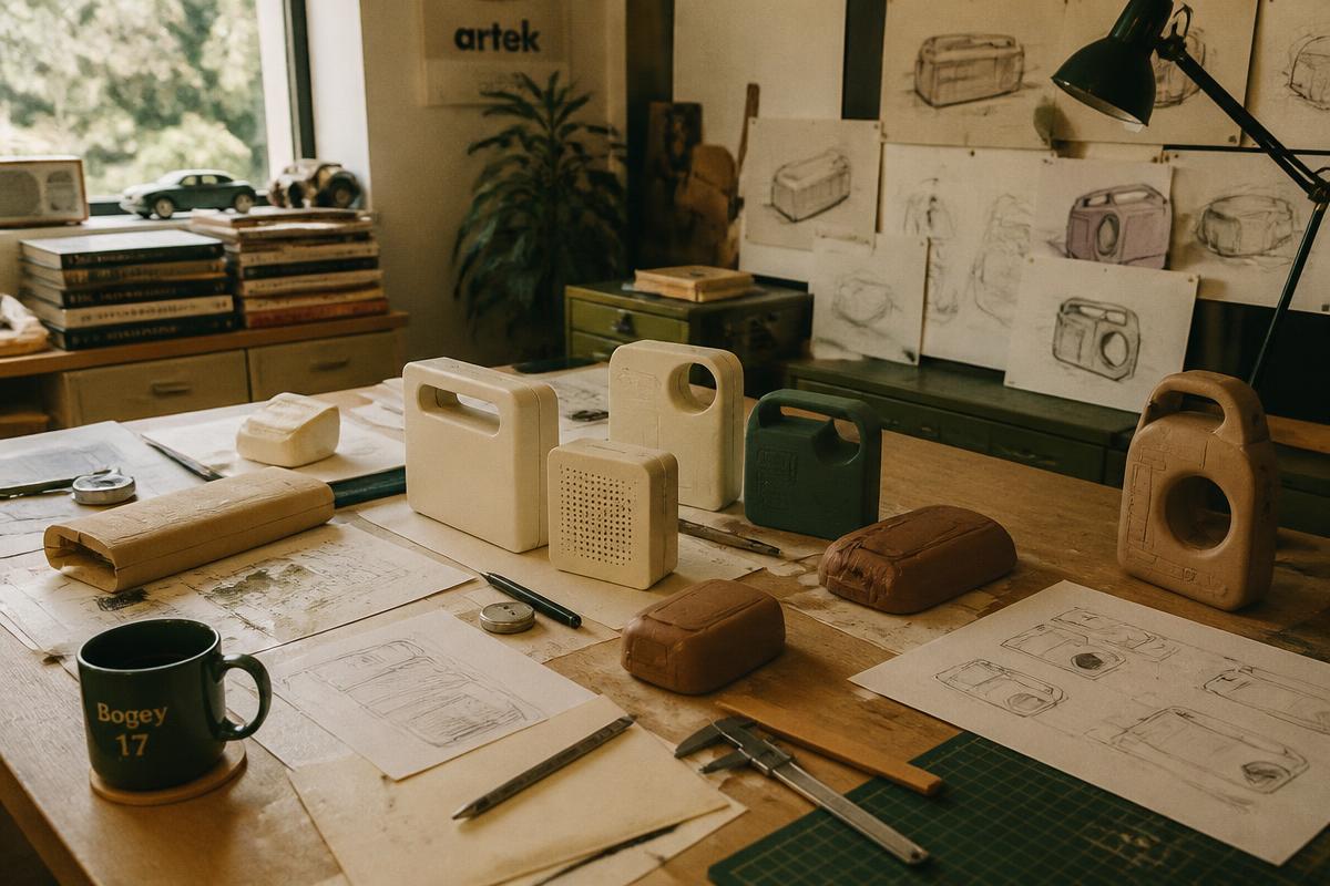 Workbench with foam models, sketches and calipers in the ObjectCraft design studio